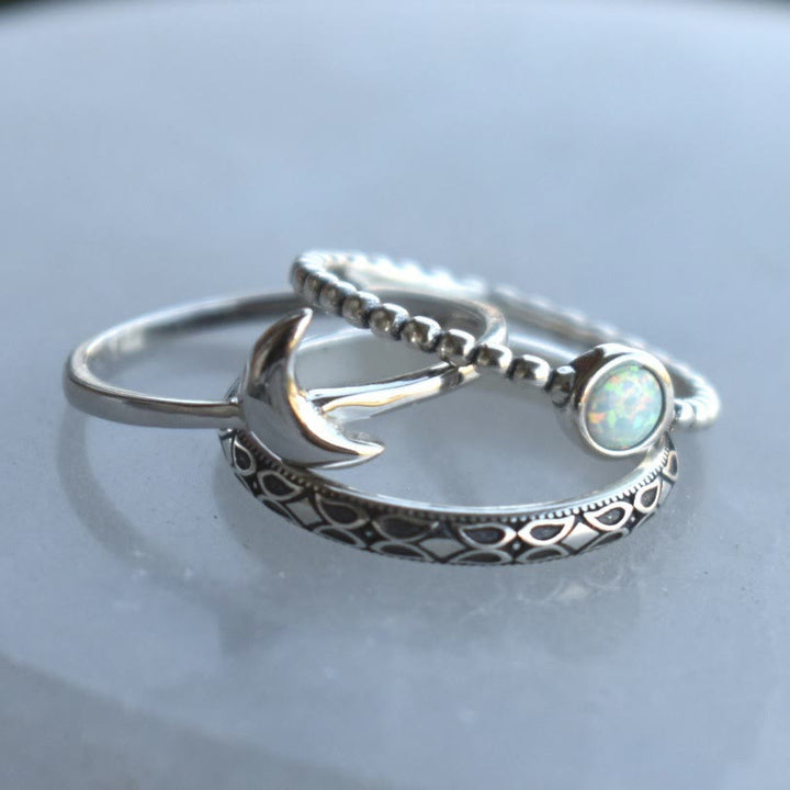 Olivenorma Vintage Crescent Moon Anello in tre pezzi con opale