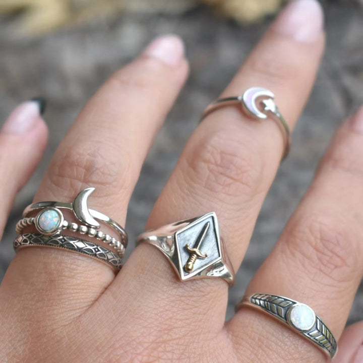 Olivenorma Vintage Crescent Moon Anello in tre pezzi con opale
