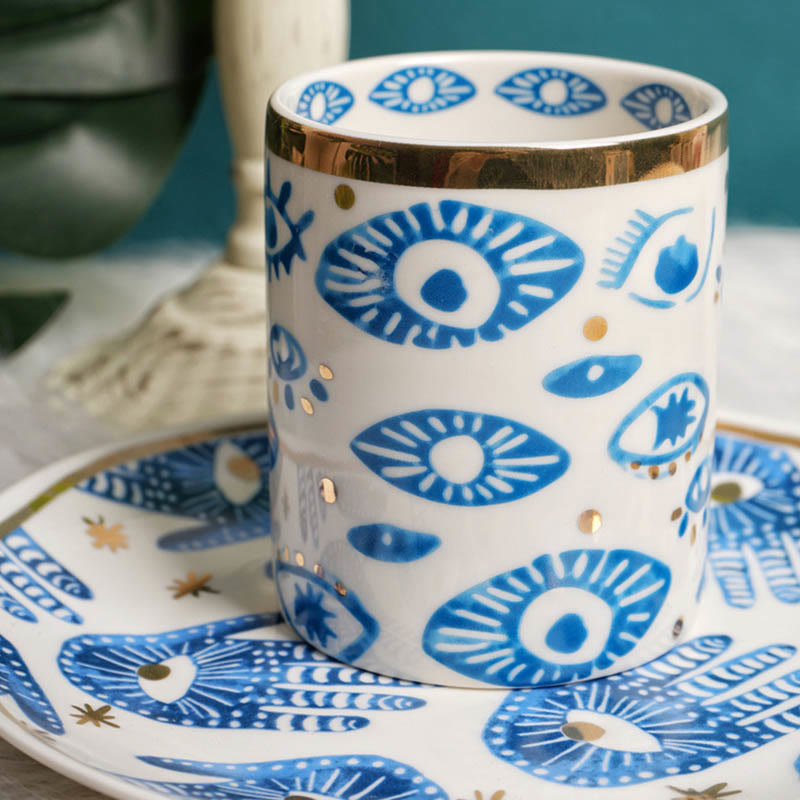 Tazza da tè in ceramica con mano di Hamsa e occhio malvagio Olivenorma