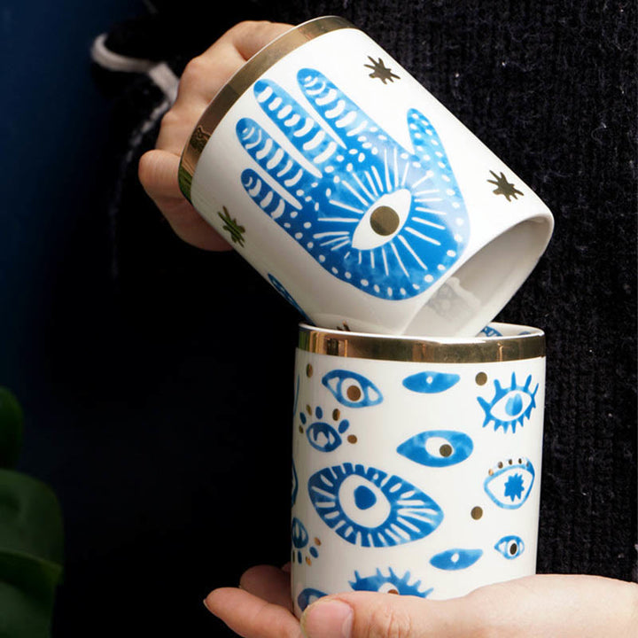 Tazza da tè in ceramica con mano di Hamsa e occhio malvagio Olivenorma