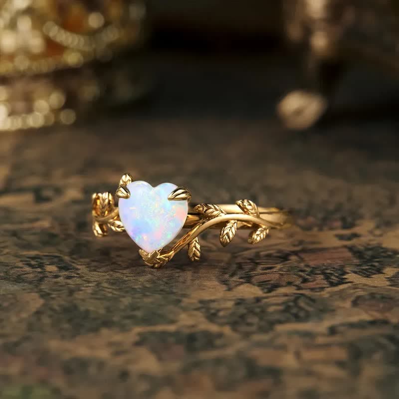 Anello con foglie a forma di cuore in opale naturale Olivenorma