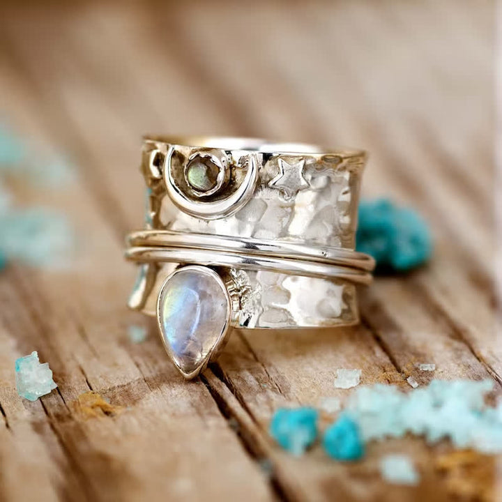 Anello con faccia larga e stella di luna in pietra di luna bohémien Olivenorma
