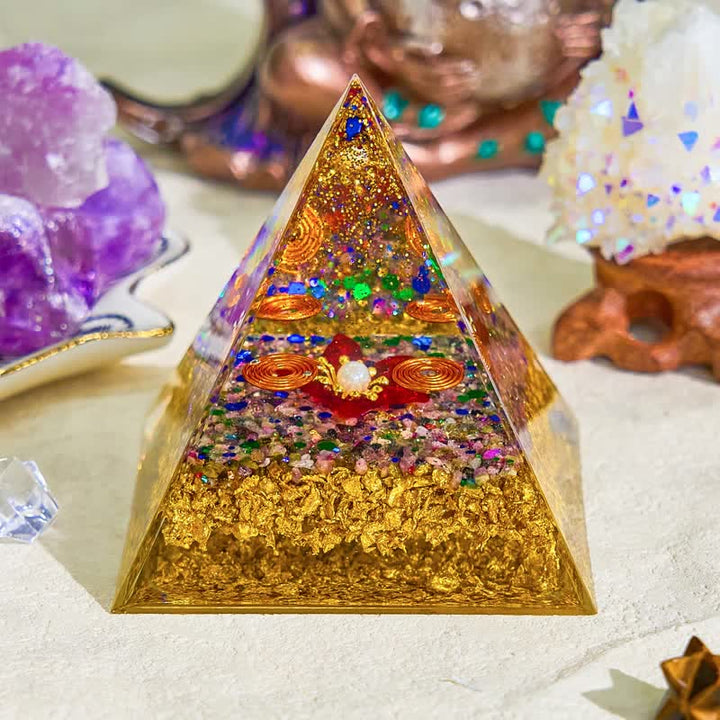 Olivenorma 8cm Piramide di Orgone di Perla e Tormalina 