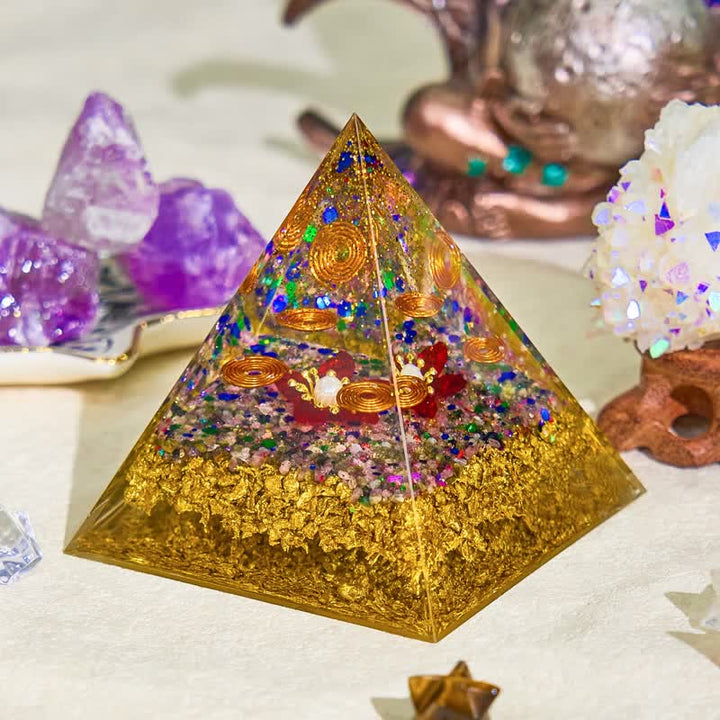 Olivenorma 8cm Piramide di Orgone di Perla e Tormalina 