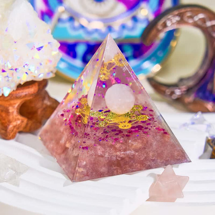 Piramide di orgone in quarzo rosa Olivenorma e quarzo fragola