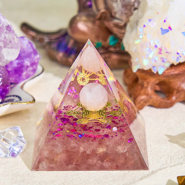 Piramide di orgone in quarzo rosa Olivenorma e quarzo fragola