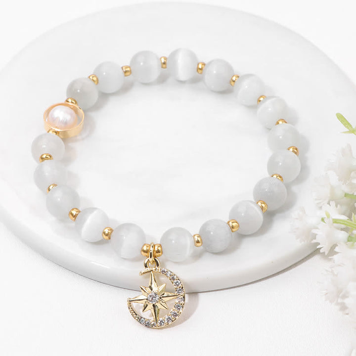 Bracciale Olivenorma con ciondolo a forma di luna e stella in pietra occhio di gatto