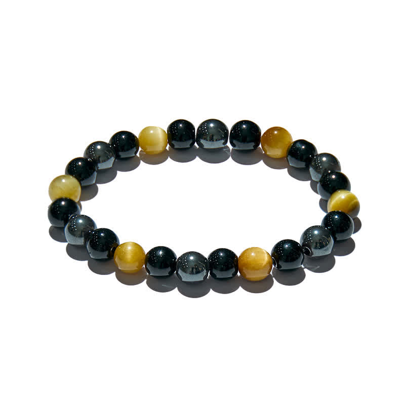 Braccialetto di perline in ematite e ossidiana con occhio di tigre giallo Olivenorma 