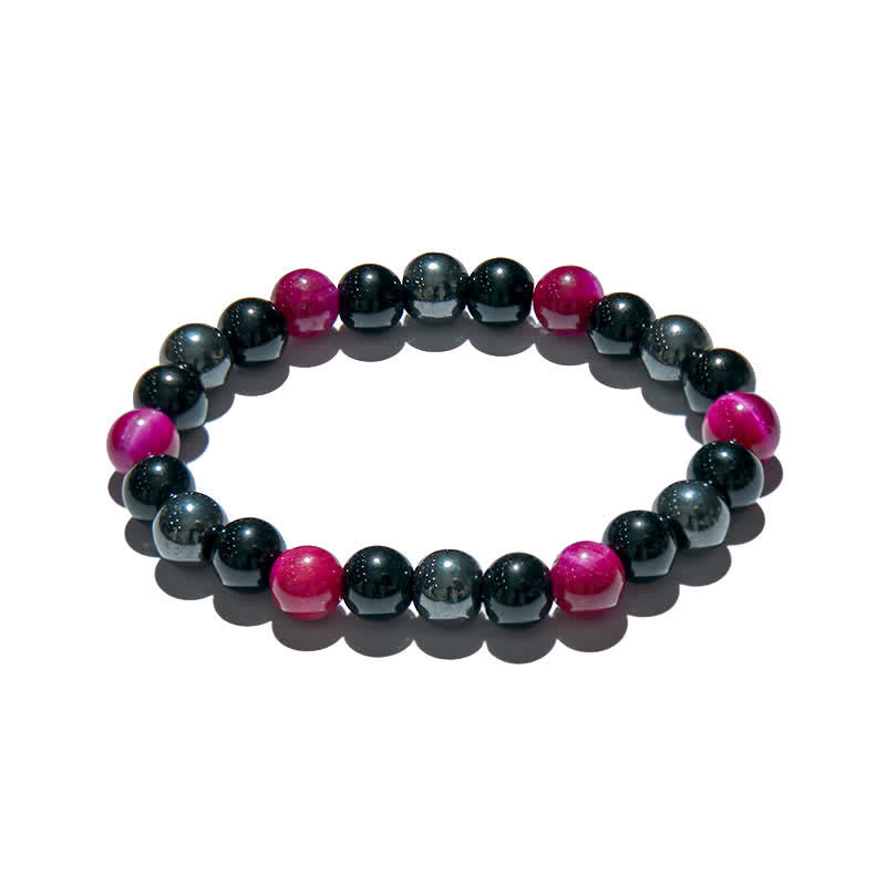 Bracciale Olivenorma con perline in ematite e ossidiana occhio di tigre rosso rosa 