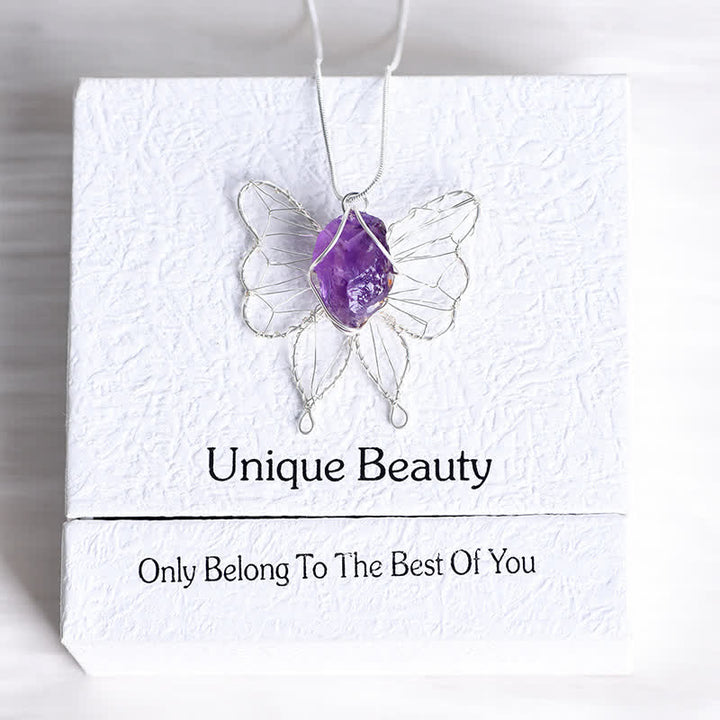 Collana con ciondolo a farfalla in filo d'argento avvolto a mano in cristallo naturale Olivenorma