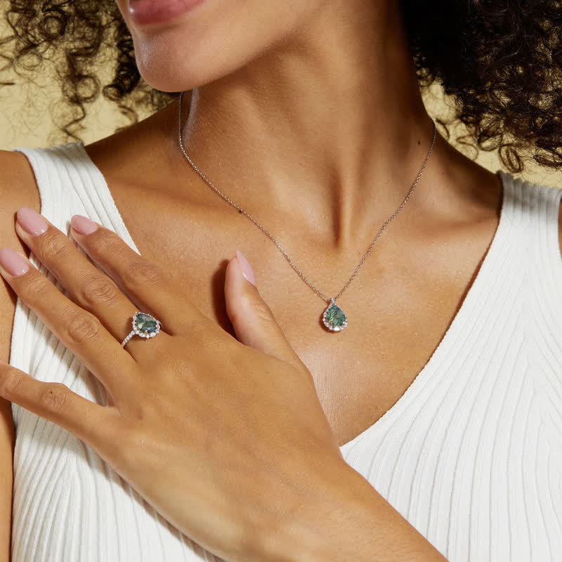 Collana con ciondolo in agata muschiata naturale Olivenorma e diamanti simulati