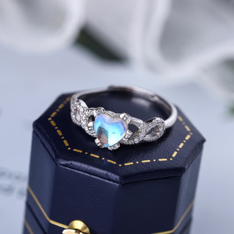 Anello regolabile aperto a forma di cuore in argento sterling con pietra di luna Olivenorma