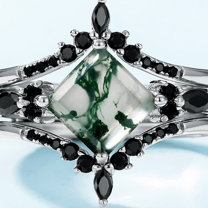 Olivenorma Anello in ossidiana agata muschiata a forma di corona da 3 pezzi