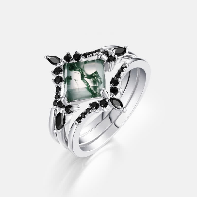 Olivenorma Anello in ossidiana agata muschiata a forma di corona da 3 pezzi