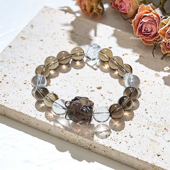 Bracciale con ciondolo a forma di volpe a nove code in cristallo trasparente Olivenorma e perline di quarzo fumé 