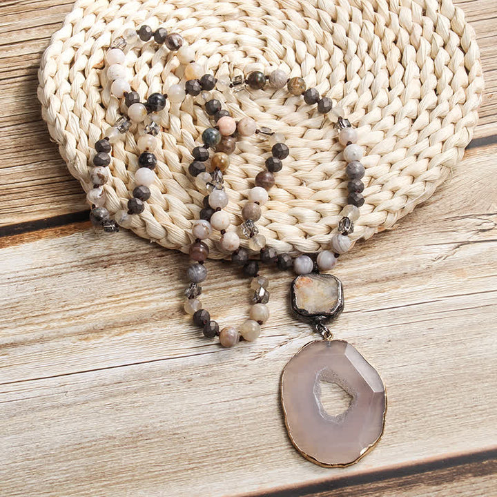 Olivenorma Collana con ciondolo in agata in stile bohémien con perline da 8 mm