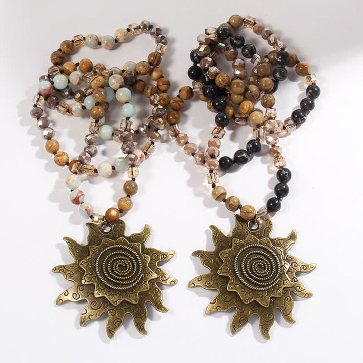 Olivenorma Collana con ciondolo a forma di sole con perline in pietra naturale da 8 mm