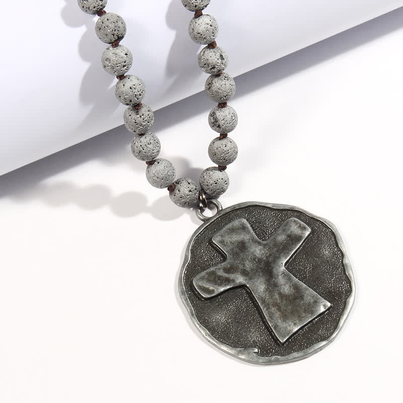 Olivenorma Perline di pietra lavica labradorite da 8 mm Collana con ciondolo a croce