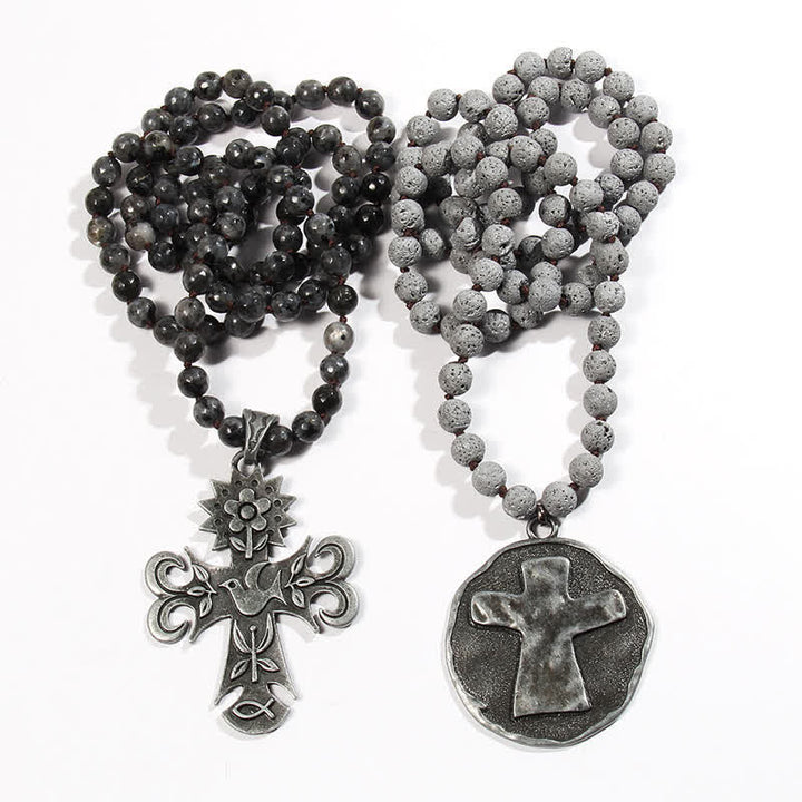 Olivenorma Perline di pietra lavica labradorite da 8 mm Collana con ciondolo a croce