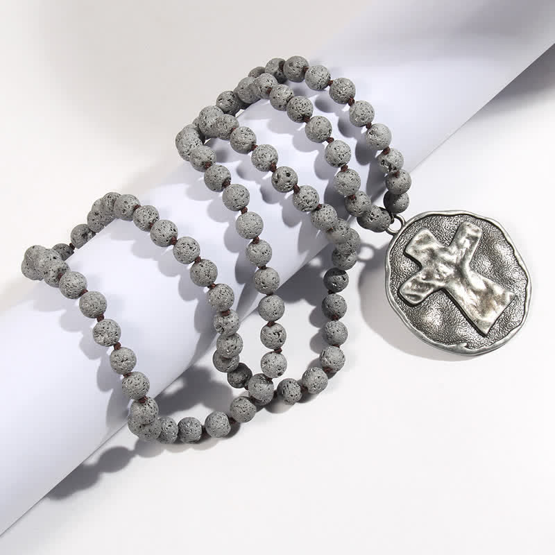 Olivenorma Perline di pietra lavica labradorite da 8 mm Collana con ciondolo a croce