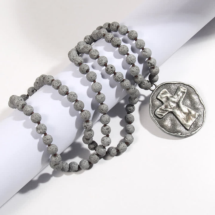 Olivenorma Perline di pietra lavica labradorite da 8 mm Collana con ciondolo a croce