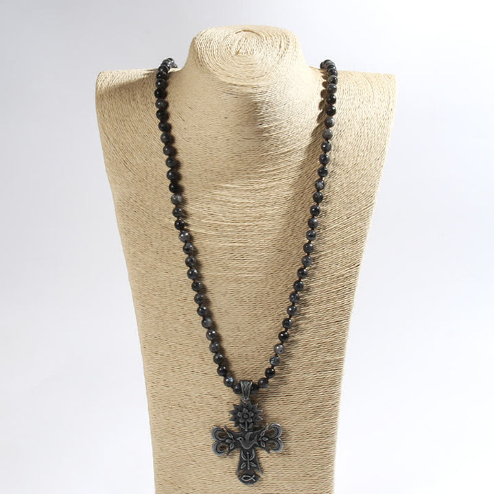 Olivenorma Perline di pietra lavica labradorite da 8 mm Collana con ciondolo a croce