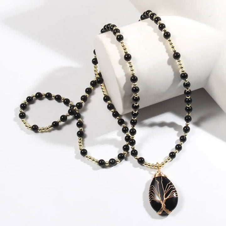 Collana con ciondolo a forma di goccia con perline di pietra Olivenorma Tree Of Life