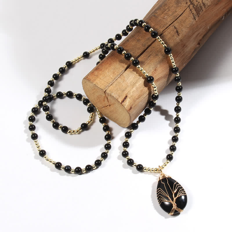 Collana con ciondolo a forma di goccia con perline di pietra Olivenorma Tree Of Life