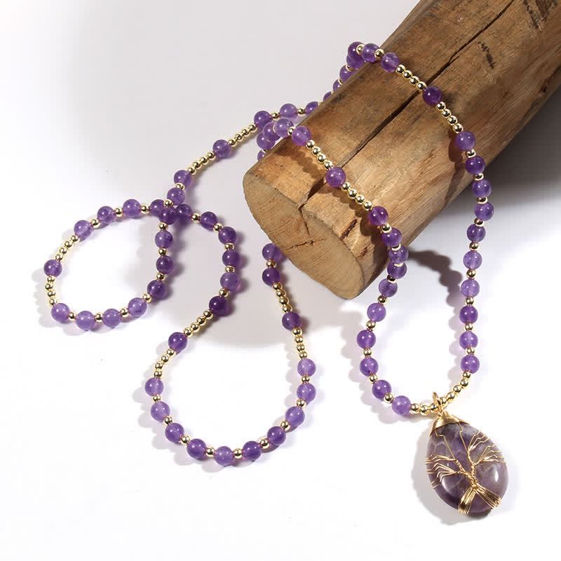 Collana con ciondolo a forma di goccia con perline di pietra Olivenorma Tree Of Life