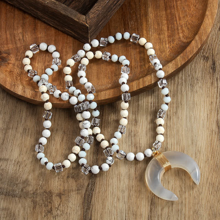 Collana con ciondolo a forma di mezzaluna in corno di bue con perline di cristallo naturale Olivenorma