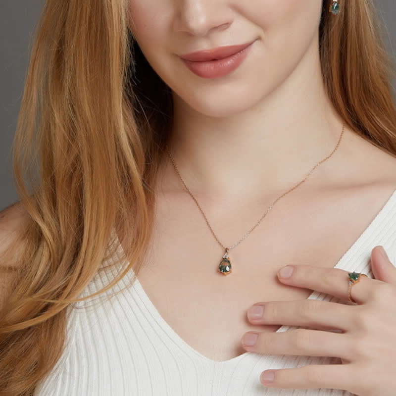 Set di gioielli Olivenorma con goccia d'acqua in agata muschiata dorata - image 6