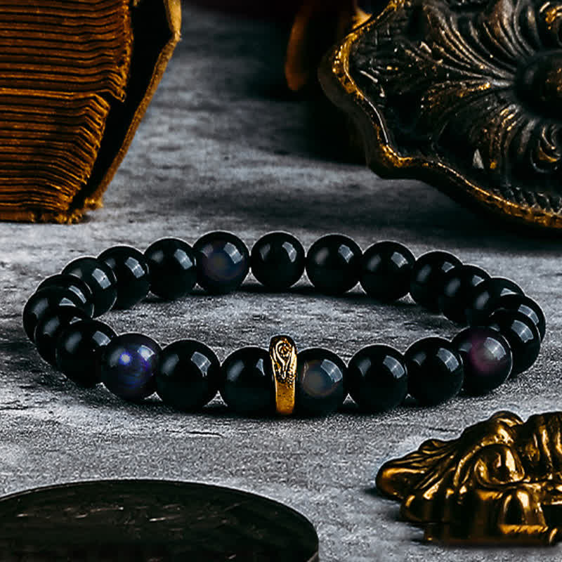 Braccialetto di perline con occhio maligno in ossidiana naturale color oro e argento Olivenorma