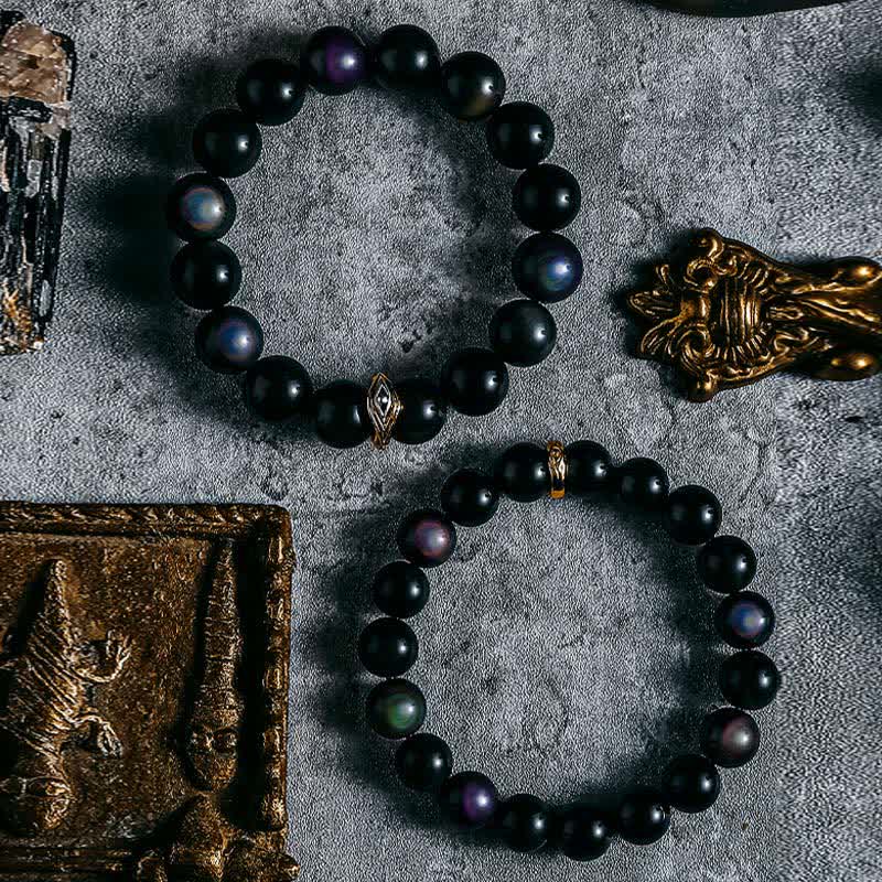 Braccialetto di perline con occhio maligno in ossidiana naturale color oro e argento Olivenorma