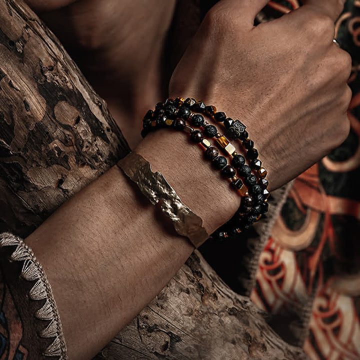 Bracciale di perline da uomo in pietra lavica naturale con occhio di tigre Olivenorma 