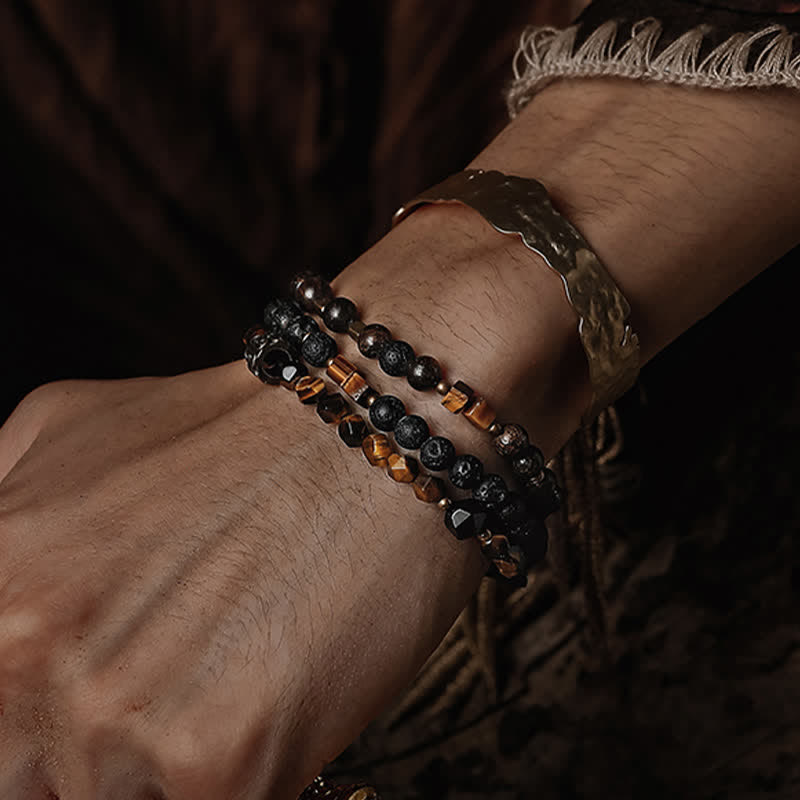 Bracciale di perline da uomo in pietra lavica naturale con occhio di tigre Olivenorma 