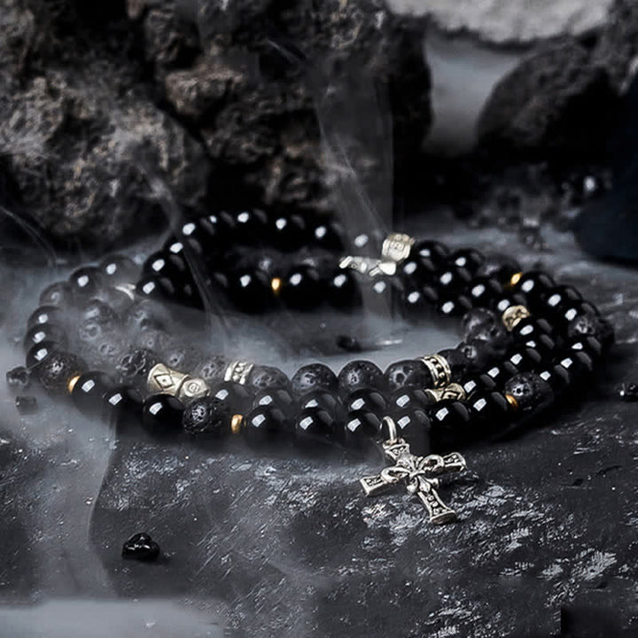 Bracciale di perline da uomo in pietra lavica e labradorite nera Olivenorma 