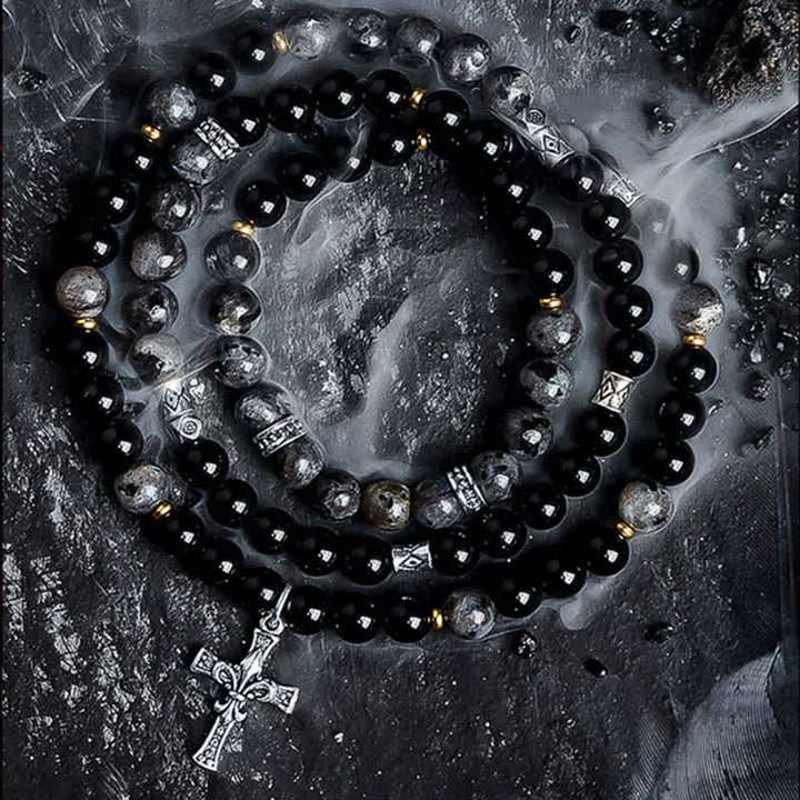 Bracciale di perline da uomo in pietra lavica e labradorite nera Olivenorma 