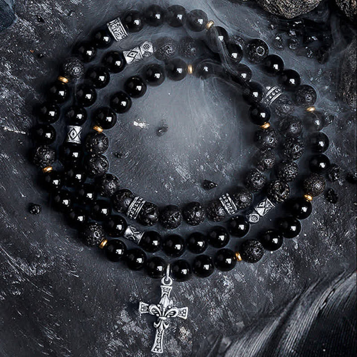 Bracciale di perline da uomo in pietra lavica e labradorite nera Olivenorma 