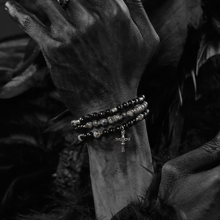 Bracciale di perline da uomo in pietra lavica e labradorite nera Olivenorma 