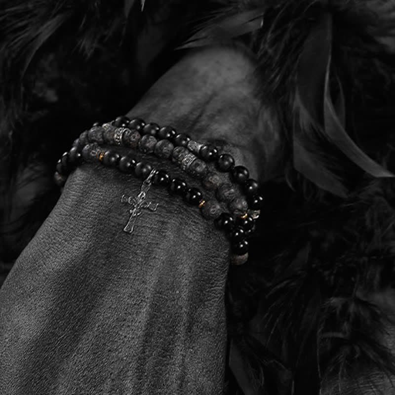 Bracciale di perline da uomo in pietra lavica e labradorite nera Olivenorma 