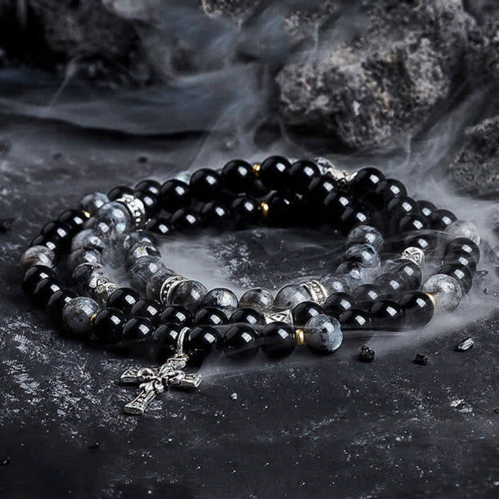 Bracciale di perline da uomo in pietra lavica e labradorite nera Olivenorma 