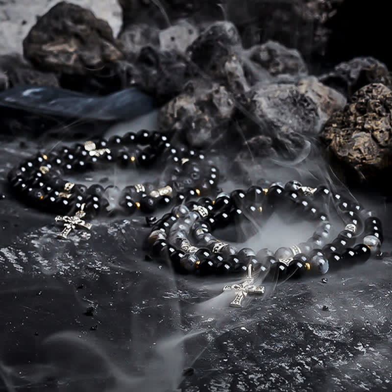Bracciale di perline da uomo in pietra lavica e labradorite nera Olivenorma 