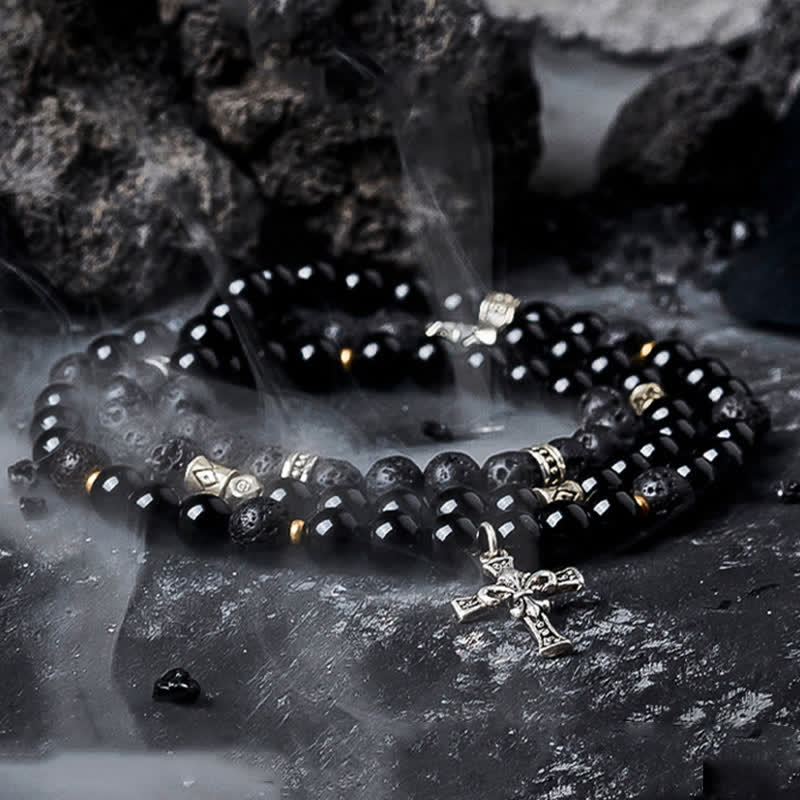 Braccialetto di perline da uomo in pietra lavica e labradorite nera Olivenorma - Pietra lavica e ossidiana - 18 centimetri - image 0