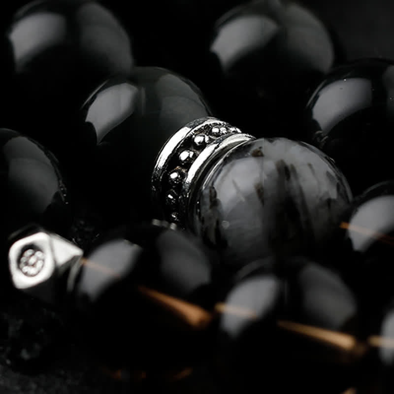 Bracciale da uomo con perline in quarzo fumé e ossidiana Olivenorma 