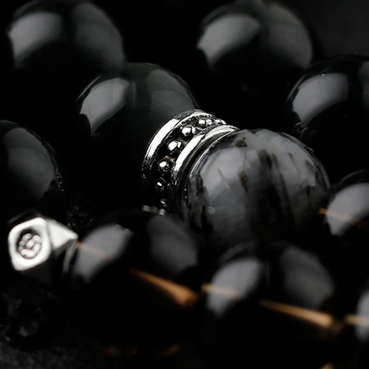 Bracciale da uomo con perline in quarzo fumé e ossidiana Olivenorma 