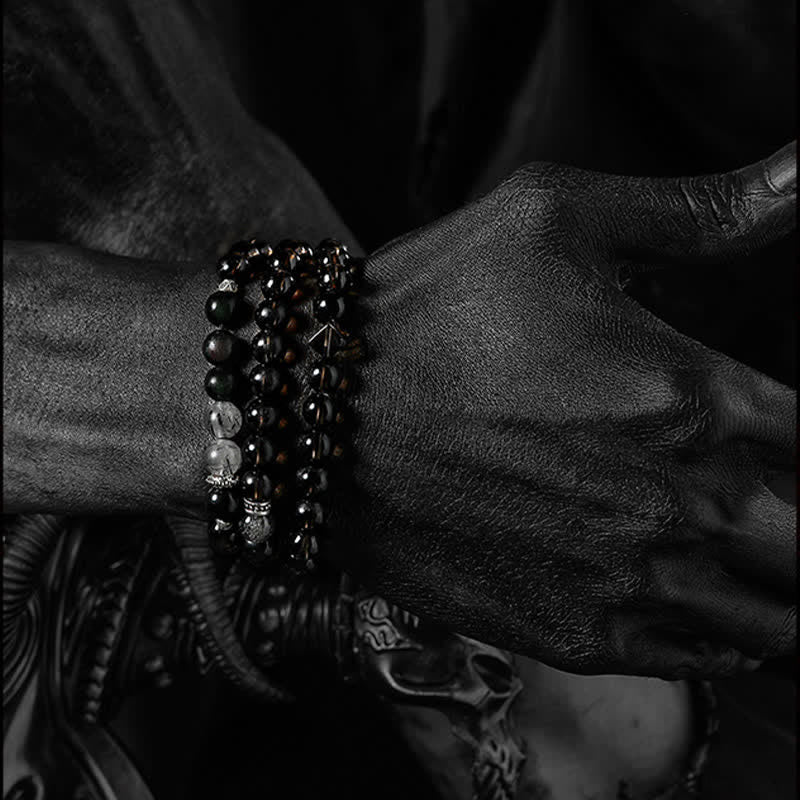 Bracciale da uomo con perline in quarzo fumé e ossidiana Olivenorma 