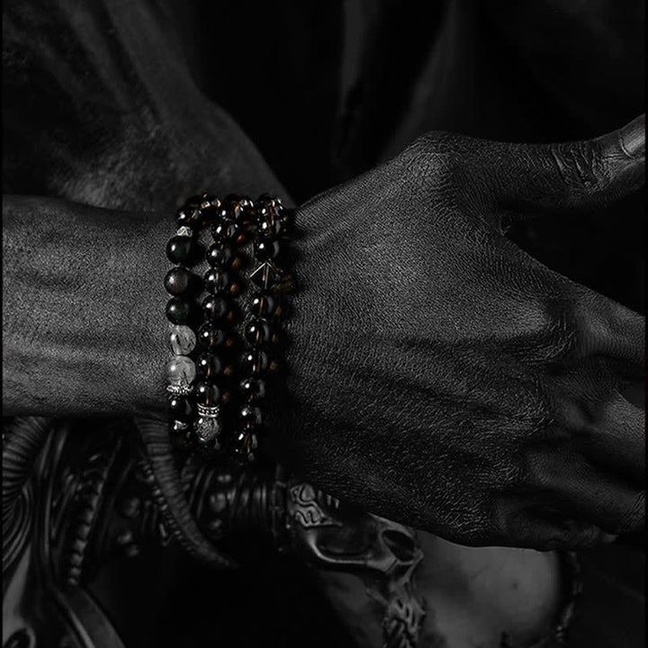 Bracciale da uomo con perline in quarzo fumé e ossidiana Olivenorma 