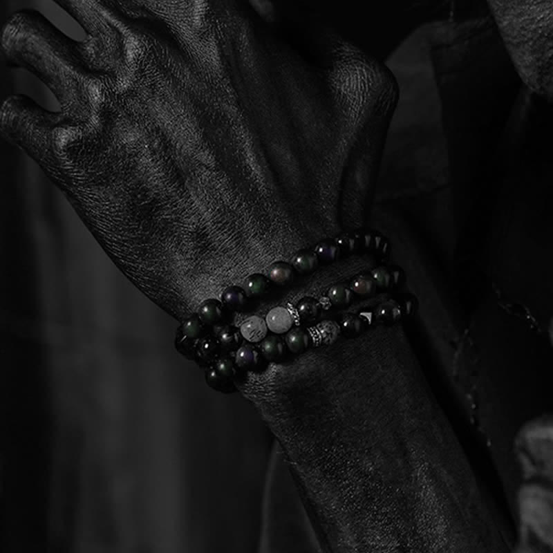Bracciale da uomo con perline in quarzo fumé e ossidiana Olivenorma - image 1