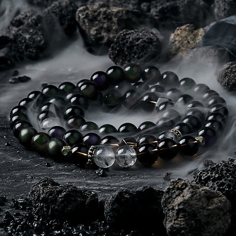 Bracciale da uomo con perline in quarzo fumé e ossidiana Olivenorma - Ossidiana - 18 centimetri - image 0