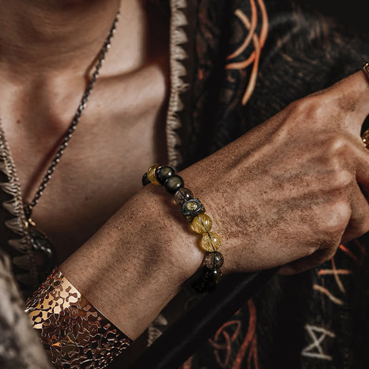 Bracciale da uomo con perline in quarzo rutilato e ossidiana color oro Olivenorma 
